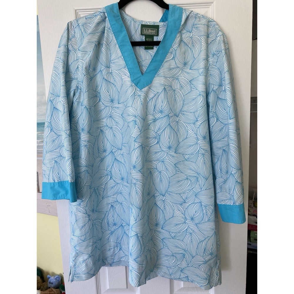 L.L. Bean Hooded Coverup Tunic Womens Large Blue Floral Beach Swim Tropical Boat